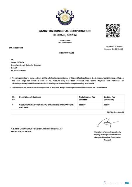 Download India Gangtok trade license Word and PDF template Photoshop template